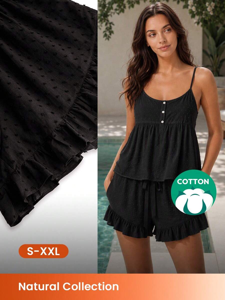 LUVLETTE Summer Sweet Women's Black Elegant Airy Two-Piece Set - Double-Layered Ruffles & Button Front Breezy Refined Home Wear - Black - View 1