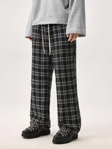 Vaulklash Loose Men's Plaid Print Drawstring Waist Pants Straight Leg Long Slacks Going Out, Fall Wide Leg - Black and White - View 5