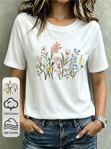 Trelyra 100 Cotton Comfortable Wild Flower Plant Oversized Cottage Casual Embroidered T-Shirt Floral Round Neck Short Sleeve For Summer Picnic White Floral - White - View 1