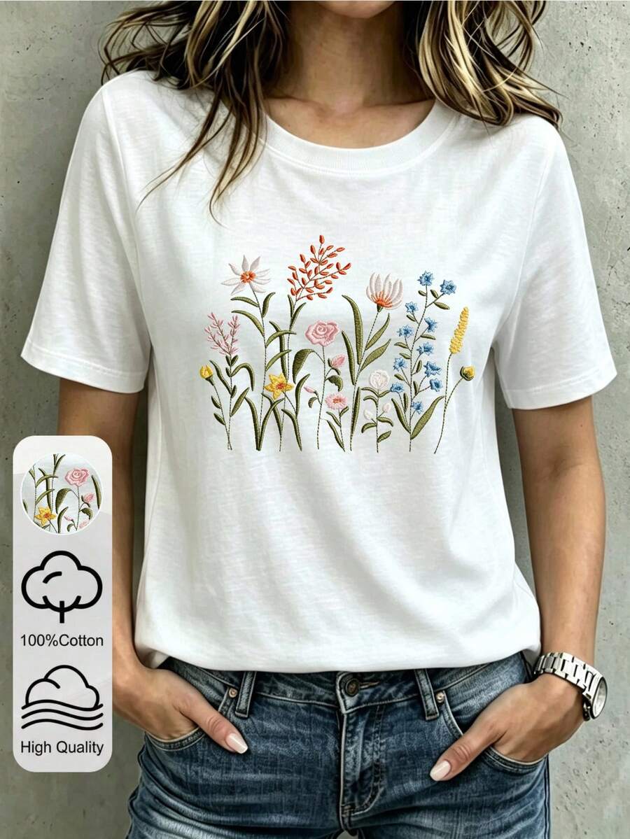 Trelyra 100 Cotton Comfortable Wild Flower Plant Oversized Cottage Casual Embroidered T-Shirt Floral Round Neck Short Sleeve For Summer Picnic White Floral - White - View 1