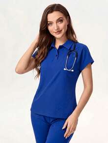 TaskEZ Royal Blue Drop Shoulder Short Sleeve POLO Collar Half-Placket Front Pocket Convenient Comfortable Scrub Uniform Top - Royal Blue - View 6