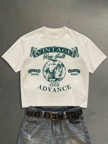 StoneGrade American Retro Poster Fashion Print Pattern Men's Apricot Standard Size Cropped Loose Fit Short Sleeve T-Shirt - Apricot - View 1