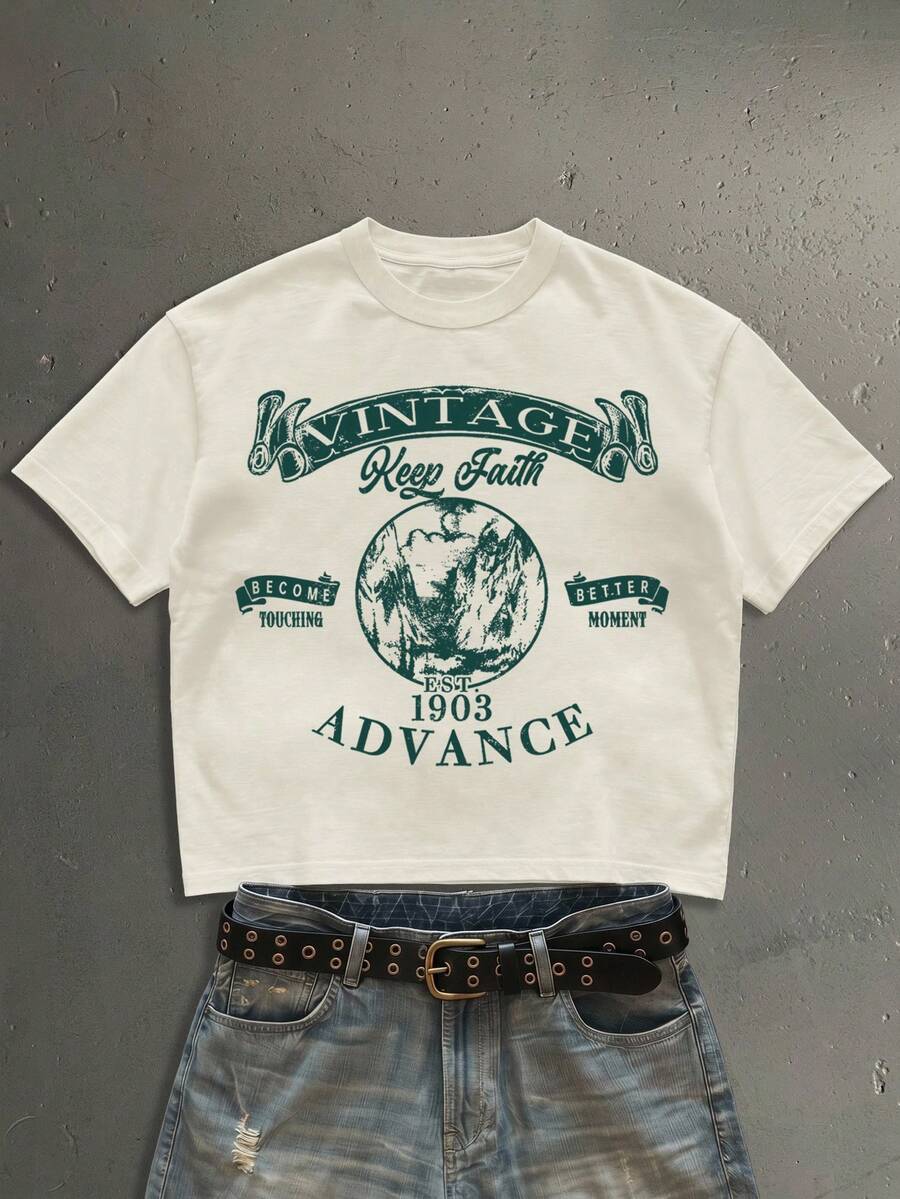 StoneGrade American Retro Poster Fashion Print Pattern Men's Apricot Standard Size Cropped Loose Fit Short Sleeve T-Shirt - Apricot - View 1
