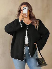 SHEIN CURVE+ 秋冬休閒優雅拼色飾邊大尺碼女款開襟衫 辦公黑色 - 黑與白 - 查看 3