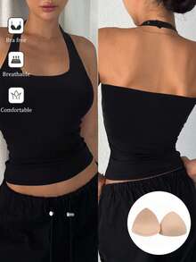 DAZY Top de mujer de unicolor con cuello halter, ajustado y fruncido, versátil para uso diario y salidas - Negro - Ver 1