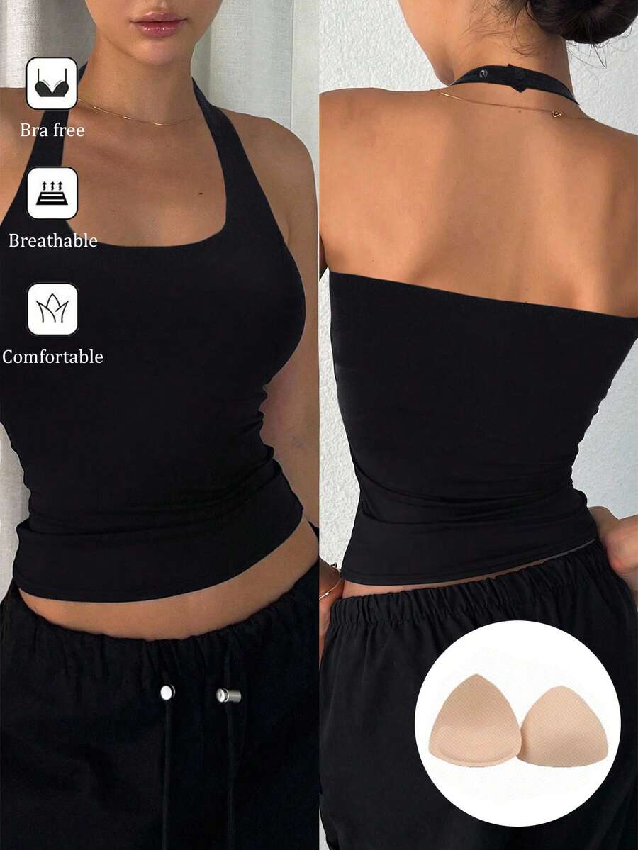 DAZY Top de mujer de unicolor con cuello halter, ajustado y fruncido, versátil para uso diario y salidas - Negro - Ver 1