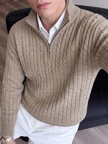 Manfinity CasualKnits 秋冬新款部落客風時尚設計 3D 扭繩圖案半開領套頭毛衣 - 卡其色 - 查看 9