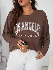 SHEIN Essnce Plus Letter Graphic Drop Shoulder Tee Fall - Coffee Brown - View 5