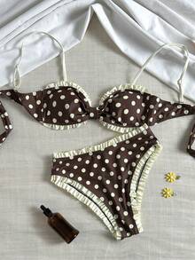 Swim Mod Young Girl Polka Dot Print Padded Ruched Tankini Top & High Waist Ruffle Trim Triangle Bottoms Swimwear Set - Multicolor - View 6
