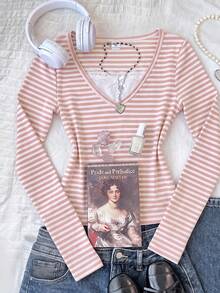 SHEIN 青少年女孩淺粉色條紋 2 合 1 對比蕾絲長袖 T 恤上衣 - 粉色 - 查看 8