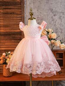 Glamorique Kids 嬰兒蕾絲花卉網紗拖尾公主裙 夏季婚禮花童生日禮服 柔粉色 可愛優雅 - 粉色 - 查看 6