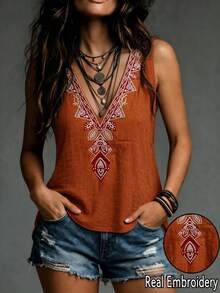 SHEIN Vacation Casual Boho V-Neck Embroidered Sleeveless Top Vacation Rust Brown Summer - Orange - View 2