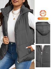 SHEIN Frenchy 大码女式纯色拉链领休闲连帽加厚背心夹克，冬季 - 灰色 - 查看 6