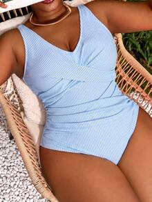 大尺碼女款純色修身顯瘦連身時尚休閒度假海灘泳衣 - 藍色 - 查看 1