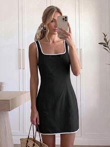 Easowa 女款拼色休閒基礎法式極簡優雅簡約端莊日常夏季洋裝，黑白配色，適合早午餐與度假 - 黑色 - 查看 2