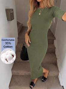Easowa Women's Casual Basic Commute Day Time Night Solid Color Fitted Midi Dress Everyday Day Time Olive Green Summer - Army Green - View 2