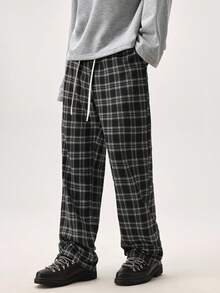 Vaulklash Loose Men's Plaid Print Drawstring Waist Pants Straight Leg Long Slacks Going Out, Fall Wide Leg - Black and White - View 4