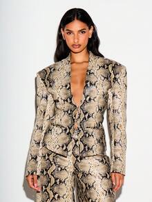 KIZN Snake Print Faux Leather Structured Blazer With Deep V Neckline And Fitted Silhouette For Evening And Night Out - Multicolor - View 3
