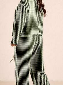 Elaquor Conjunto de 2 piezas de top de manga larga holgado y pantalones de talla grande informal - Verde - Ver 8