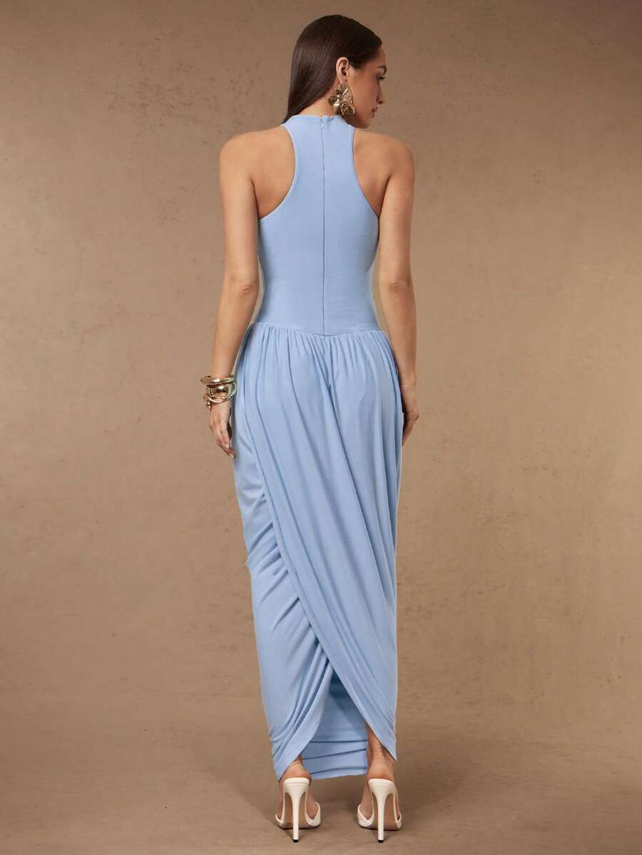 Silquee Women's Solid Color Pleated Sleeveless Fitted Elegant Dress - Lake Blue - View 1