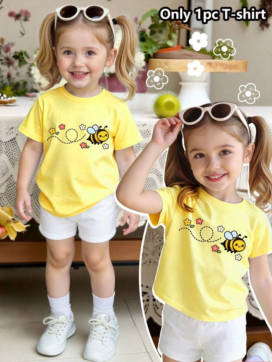 Elladie kids 可爱蜜蜂花卉印花休闲基础款短款T恤，舒适百搭，适合女宝宝春夏秋季日常穿着 - 黃色 - 查看 1