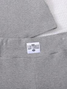 SHEIN Tween Girls' Elegant Knitted Solid Color Short Sleeve Top And Shorts Set, Spring/Summer - Grey - View 2