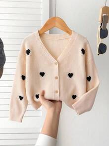 SHEIN 女童秋冬休閒愛心造型開襟毛衣 - 米色 - 查看 8