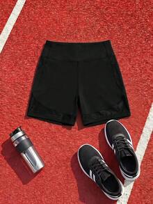 SHEIN Cheerettes Women's Plus Size Black Bike Shorts Soft Stretch Breathable Moisture Wicking Squat Proof Tummy Control Butt Lift Side Pockets For Gym Yoga - Black - View 3