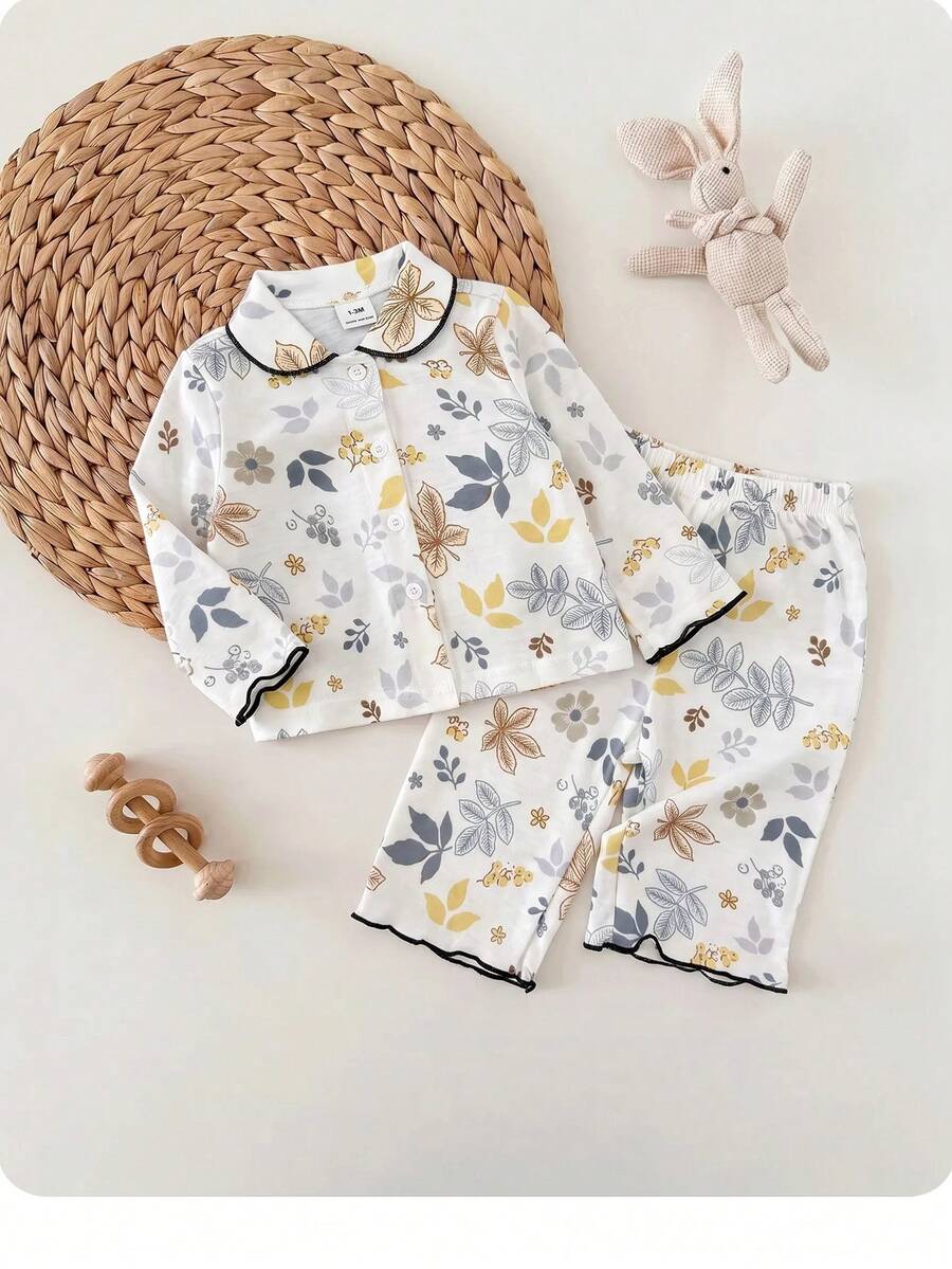 SHEIN Newborn Fabric Printed Lapel Long Sleeve Button-Up Top With Contrast Trim Loose Versatile Casual Pants Set Suitable For Autumn/Winter - Multicolor - View 1