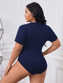 SHEIN Essnce Talla grande Body unicolor de cuello alto fruncido - Azul Marino - Ver 2