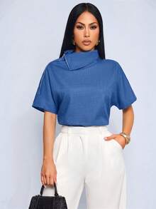 SOLERSUN Women's Summer Elegant Asymmetric Collar Blue Blouse Night Out Date Night Outfits Minimalist Everyday/Commute/Vacation Festival One Sided Top - Navy Blue - View 5