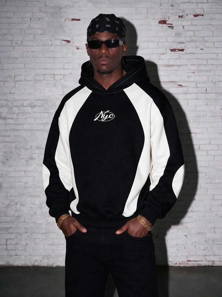Manfinity EMRG Men's NYC Color Block Hooded Sweatshirt,Black And White Contrast Sleeve Pullover,Autumn Streetwear,Back-To-School Graduation Racing Style Hoodie - Multicolor - View 1