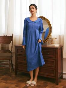 Côtesoire French Elegant Romantic Peter Pan Collar Button Decor Flared Sleeve Lace Patchwork Ribbed Long Solid Color Women's Nightgown - Navy Blue - View 4