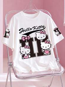 HELLO KITTY AND FRIENDS | SHEIN 女款夏季休閒可愛 Y2K 卡通字母印花 T-shirt，適合早午餐、學校、日常穿著，白色 - 白色 - 查看 1