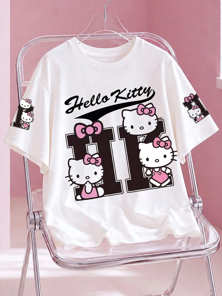HELLO KITTY AND FRIENDS | SHEIN 女款夏季休閒可愛 Y2K 卡通字母印花 T-shirt,適合早午餐、學校、日常穿著,白色 - 白色 - 查看 1