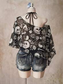 SHEIN ICON 大尺碼女款萬聖節骷髏印花網紗上衣 - 彩色 - 查看 2