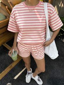 Tween Girl 休閒簡約條紋短袖上衣與短褲 2 件套，適合 S 號 - 白色 - 查看 6