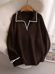 CosyJoli Plus Size Casual Brown Color Block Trim V-Neck Pullover Sweater/Winter - Brown - View 3