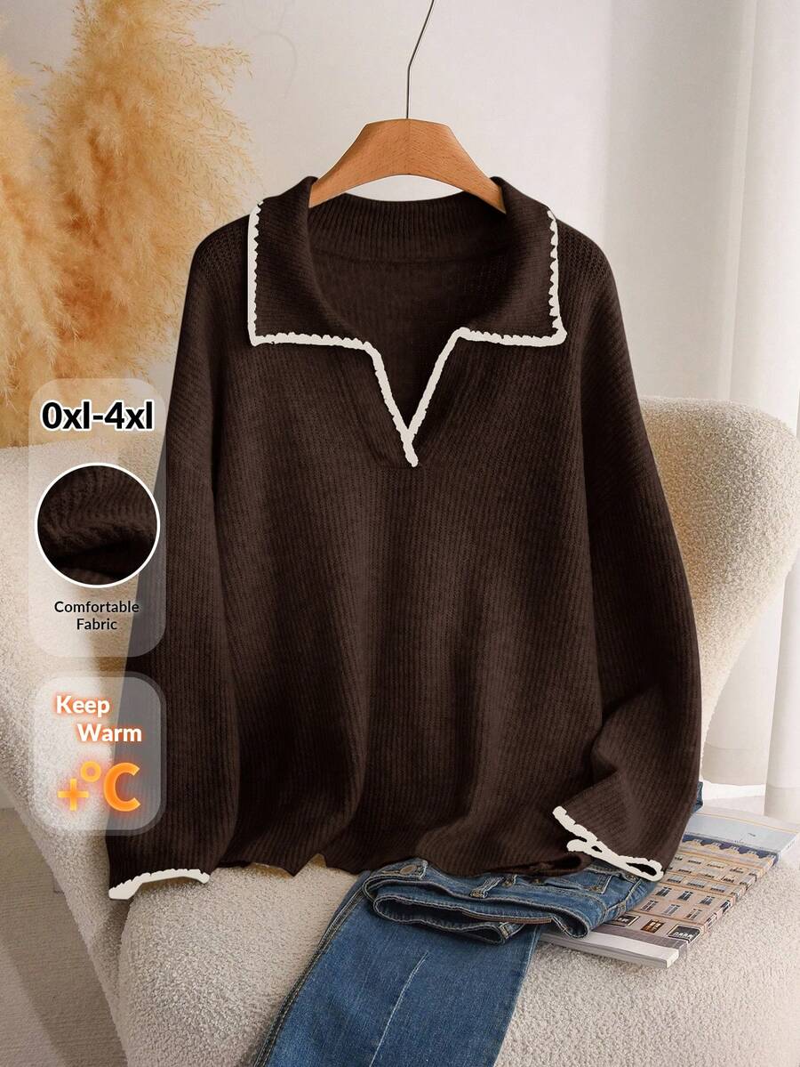 CosyJoli Plus Size Casual Brown Color Block Trim V-Neck Pullover Sweater/Winter - Brown - View 1