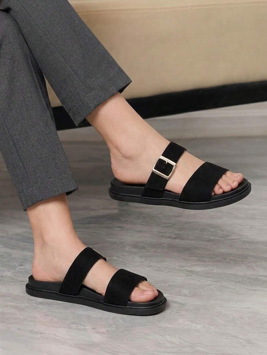 Sleekvia Women's Summer New Belt Buckle Thick Sole Sandals, Soft Leather Outdoor Slippers, Versatile Casual Beach Slouchy Shoes - Black - View 1