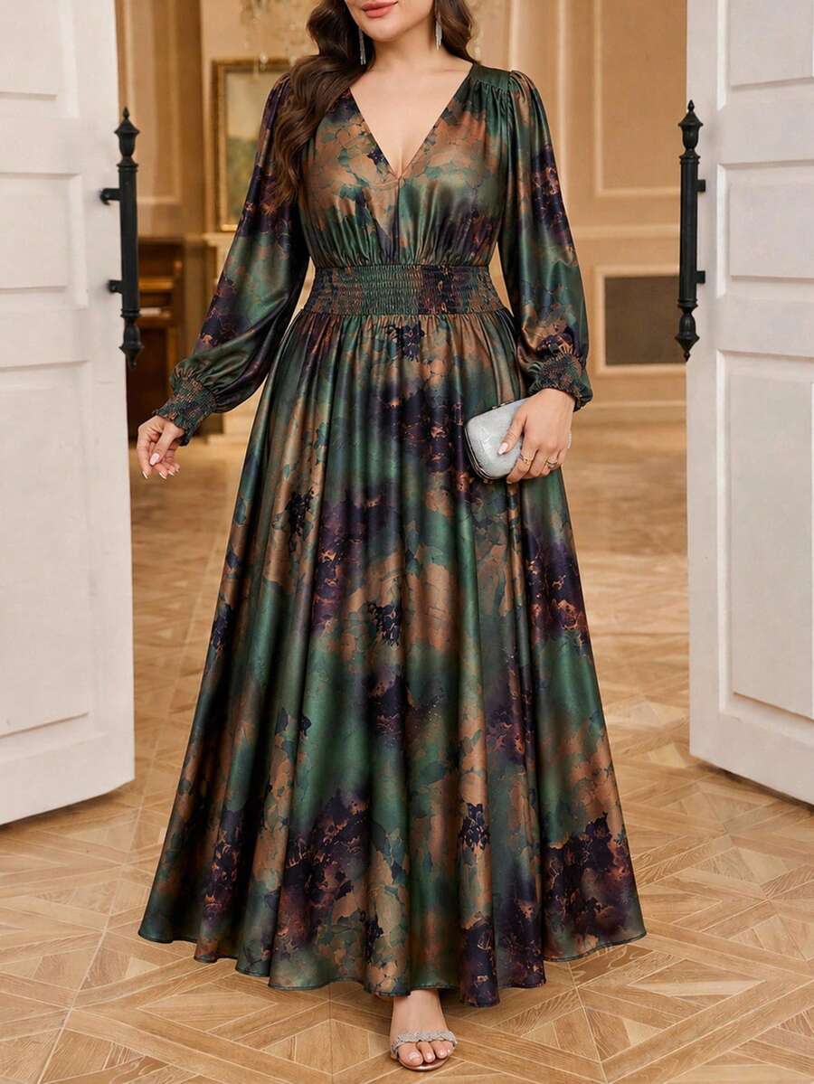 SHEIN Clasi 大尺碼花卉印花抓皺腰長洋裝，適合婚禮晚宴派對正式場合，優雅奢華女士秋季綠色晚禮服