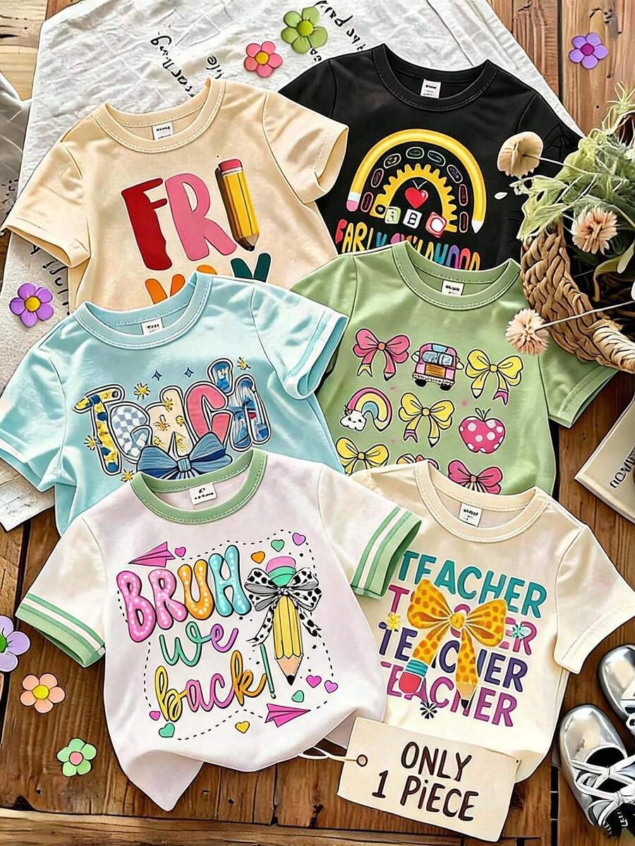Young Girl Cute Black White Round Neck Short Sleeve T-Shirt Back-To-School Teachers' Day - Pink - View 1