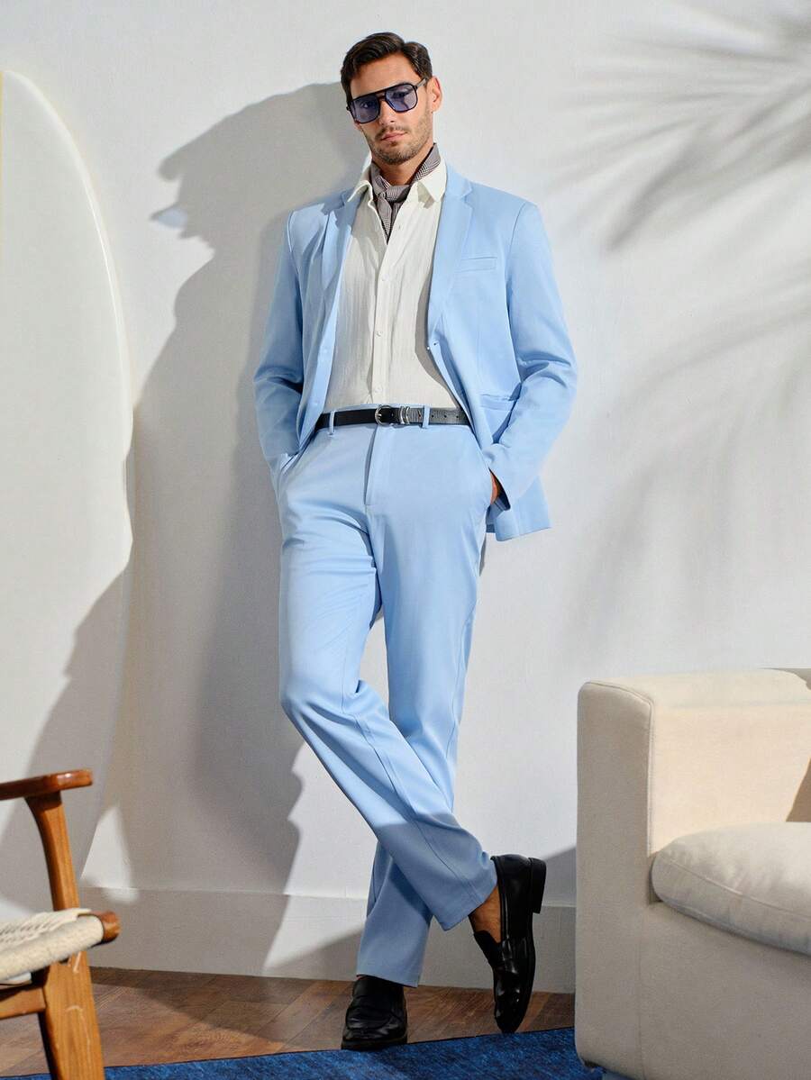 VeloEdit Men's Solid Color Casual Commuter Blazer & Pants Formal Suit Clothes Formal, Ceremony - Baby Blue - View 1