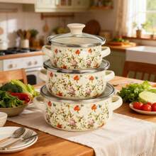 2025 New Enamel Cookware 3 Pieces Set, Ceramic Non-Stick Coating, Compatible With Gas Stove & Induction Cooktop, Thickened Round Edge Design, Vintage Style, Multi-Purpose For Home Cooking & Outdoor BBQ, - View 9