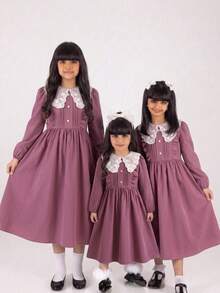 SHEIN Tween女孩格紋蕾絲簡約返校洋裝，秋冬/四季穿著，適合小學、國中 - 粉色 - 查看 2