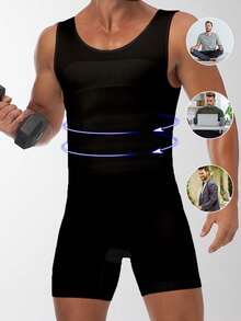 SHEIN Mono elástico de verano con cuello redondo en unicolor que da forma al Body para hombres - Negro - Ver 4