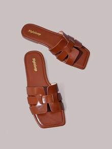 Styleloop Sandalias retro tejidas de punta cuadrada, suela plana, zapatillas de exterior, zapatos versátiles para mujer para uso diario, desplazamientos y vacaciones - Marrón claro - Ver 2