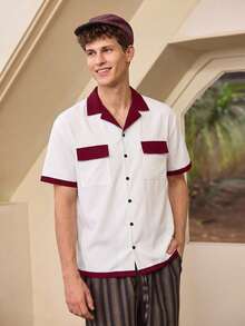 Whitmere Men's Red & White Contrast Pattern Shirt, College Style Letter Print Short Sleeve Button-Down Shirt, Retro Sporty Loose Fit Top - Multicolor - View 2