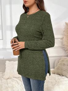 SHEIN Frenchy Plus Size Casual Solid Color Split Hem Long Sleeve T-Shirt, Autumn Fall - Dark Green - View 5