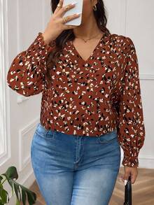 SHEIN Frenchy 全身豹纹灯笼袖衬衫 - 橘色 - 查看 6